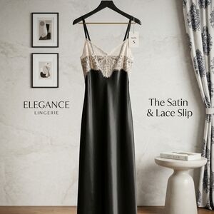 Satin & Lace Slip - Black with Cream Lace
